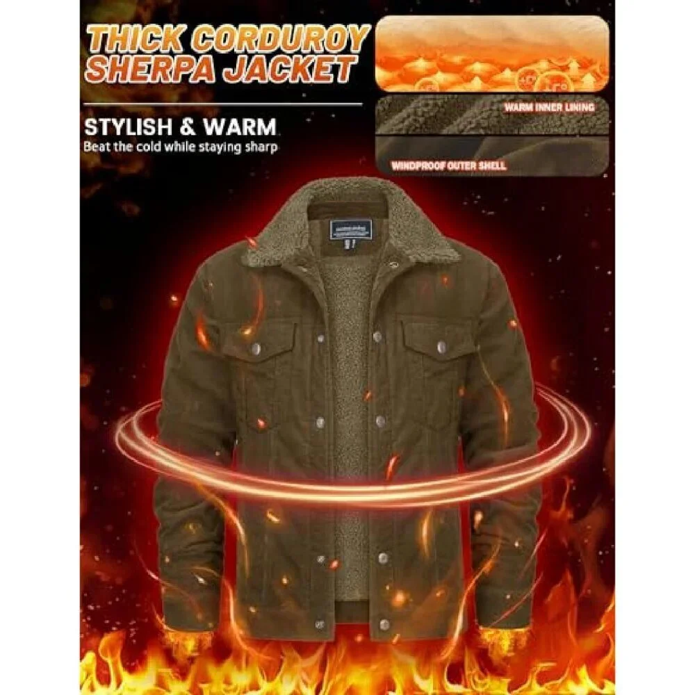 Men's Corduroy Sherpa Lined Trucker Jacket, Warm Winter Coat, Casual Work